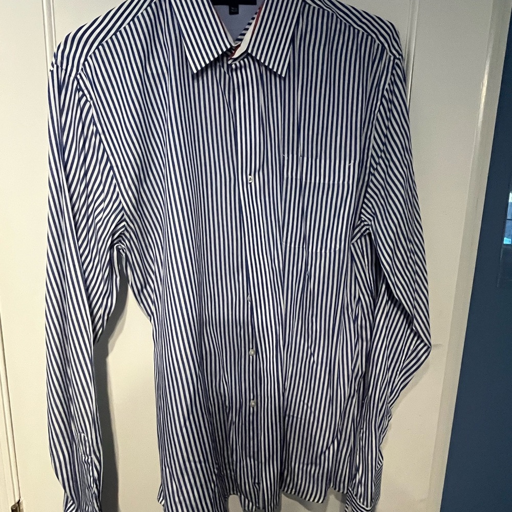 Tommy Hilfiger Navy and White Striped Shirt 16.5 36-37
